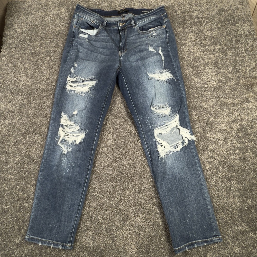 Judy Blue Jeans Women's 16W Boyfriend Fit Distressed Denim Splatter JB82363MD-PL - Picture 2 of 10